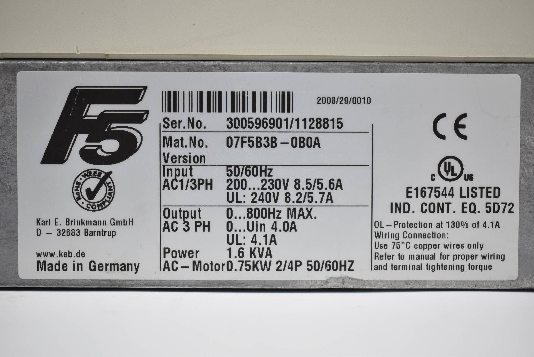 KEB combivert 07F5B3B-0B0A ( 50/60Hz 200-230V 0,75kW )