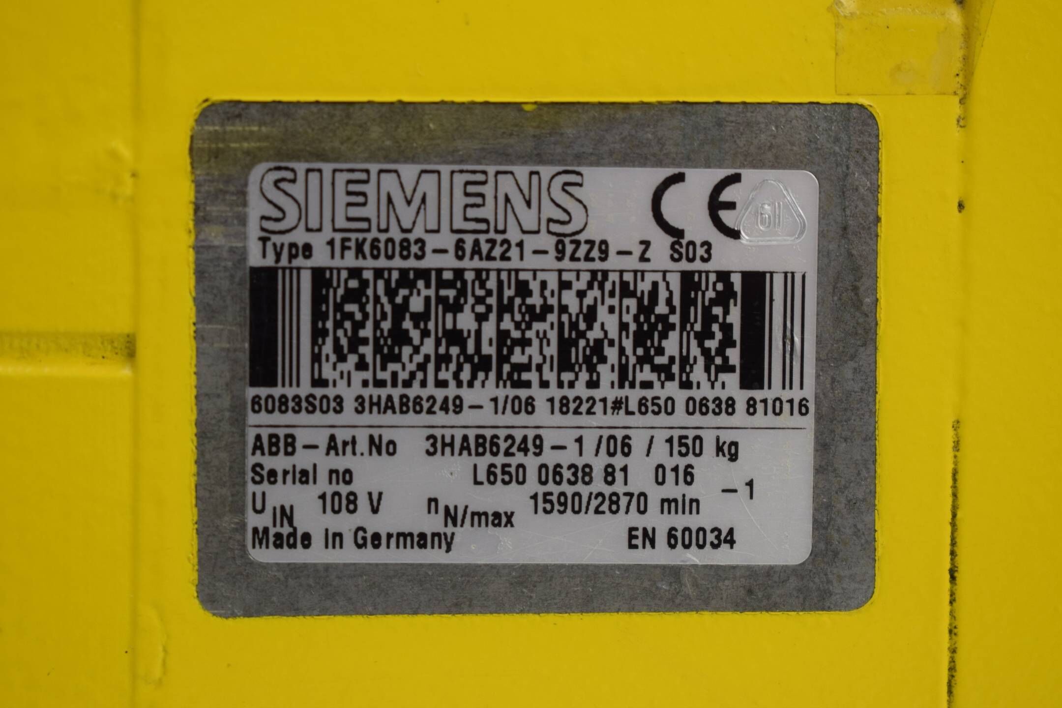 ABB Robotics Siemens 1FK6083-6AZ21-9ZZ9-Z ( 3HAB6249-1/06 ) 