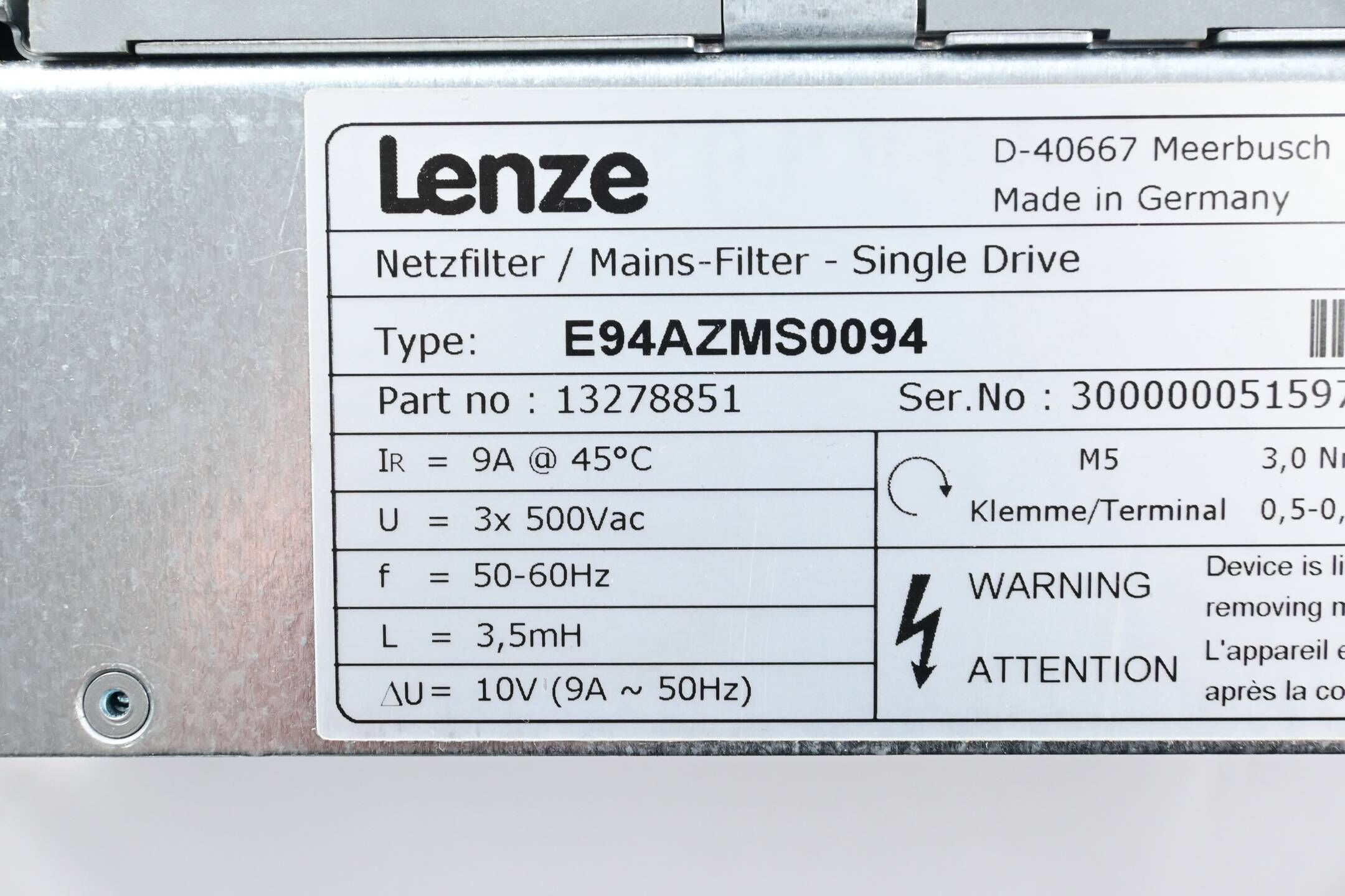 Lenze Single Drive HighLine E94ASHE0044 + Backplane inkl. Netzfilter E94AZMS0094