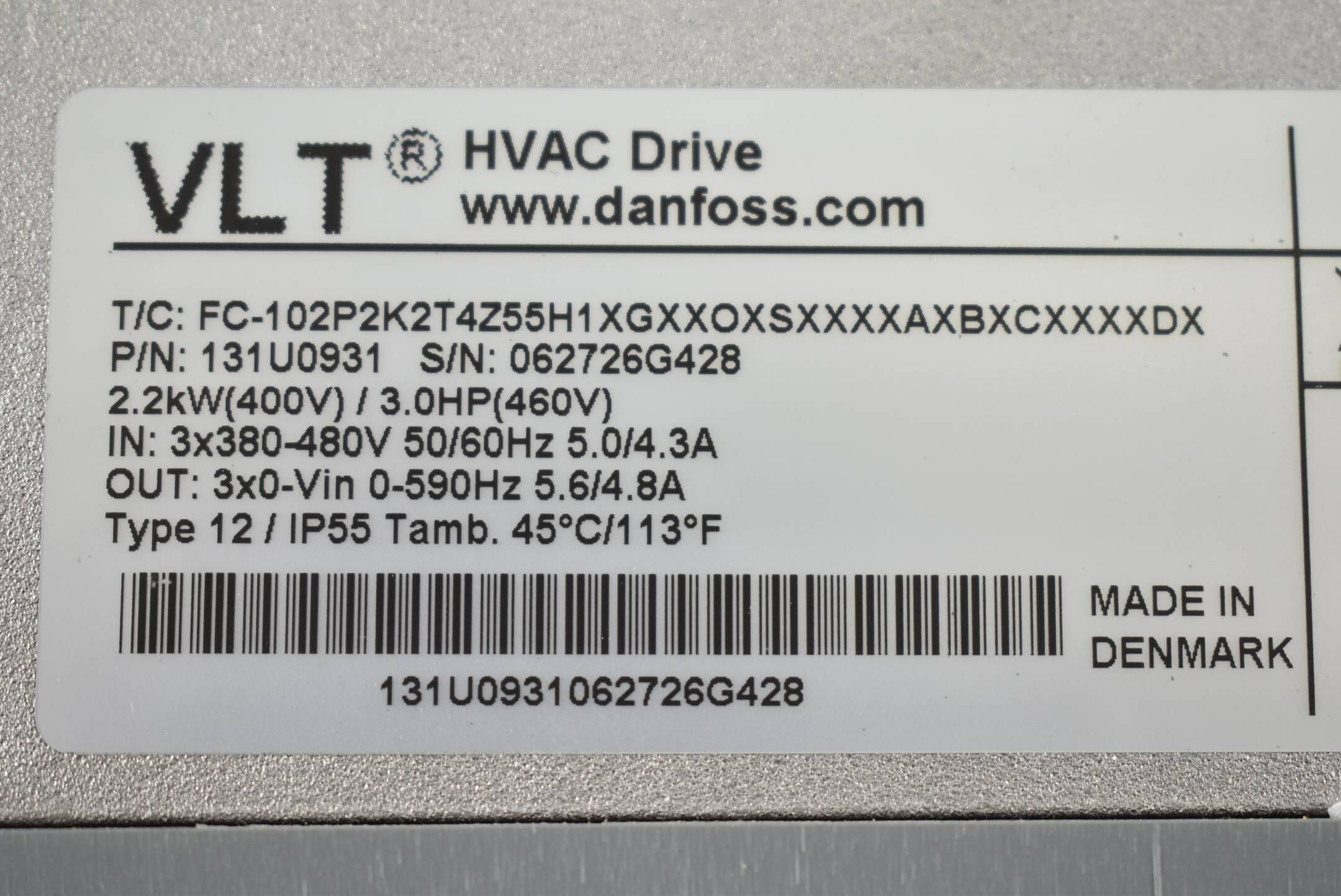 Danfoss Frequenzumrichter FC-102P2K2T4Z55H1XGXXOXSXXXXAXBXCXXXXDX ( 131U0931 )