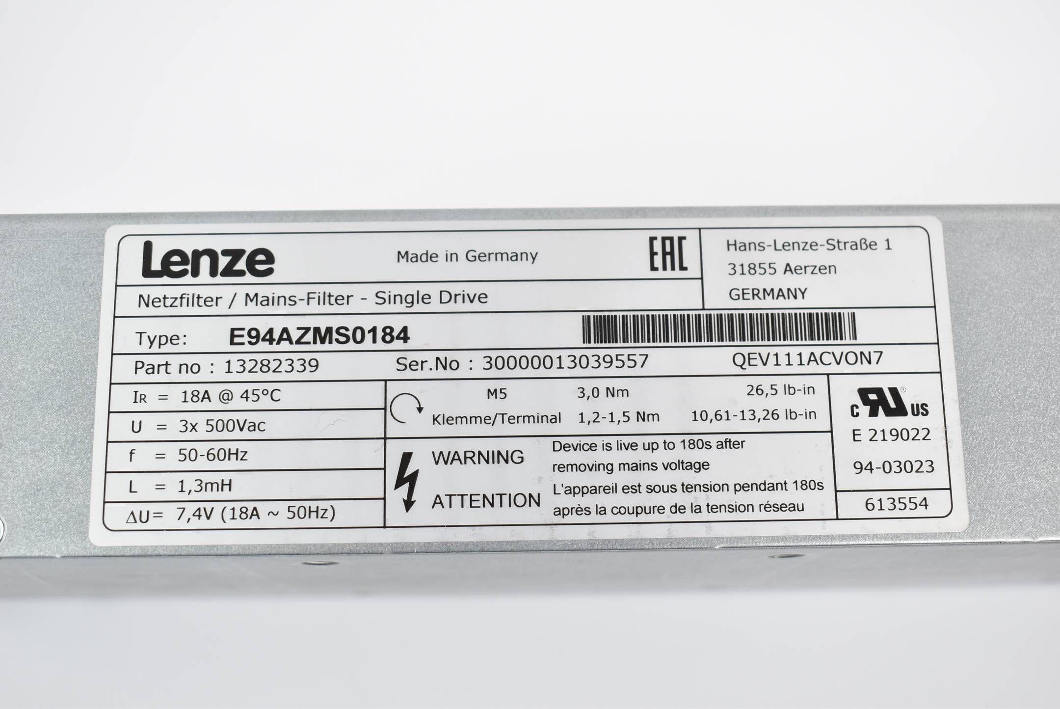 Lenze Netzfilter E94AZMS0184 Mains Filter Single Drive ( 13282339 )